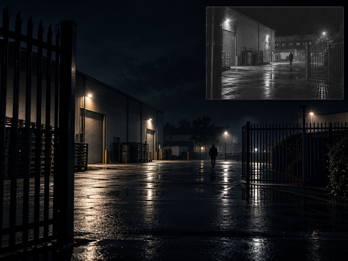 Industrial yard at night showing infrared-assisted monochrome night visibility