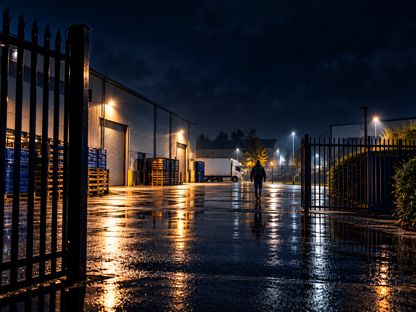 Industrial yard illuminated at night with visible colour detail