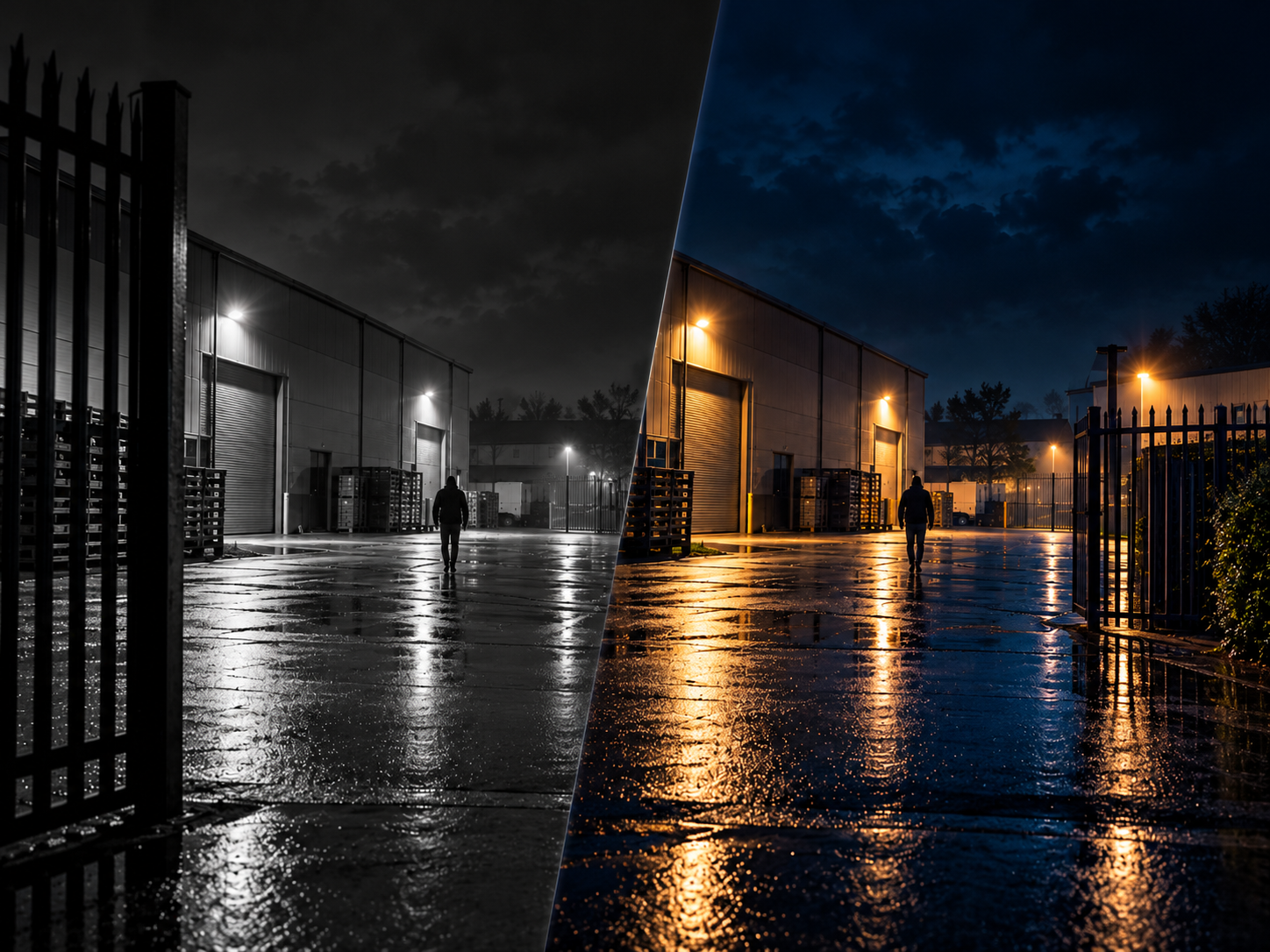 Side-by-side monochrome and colour night-time site views